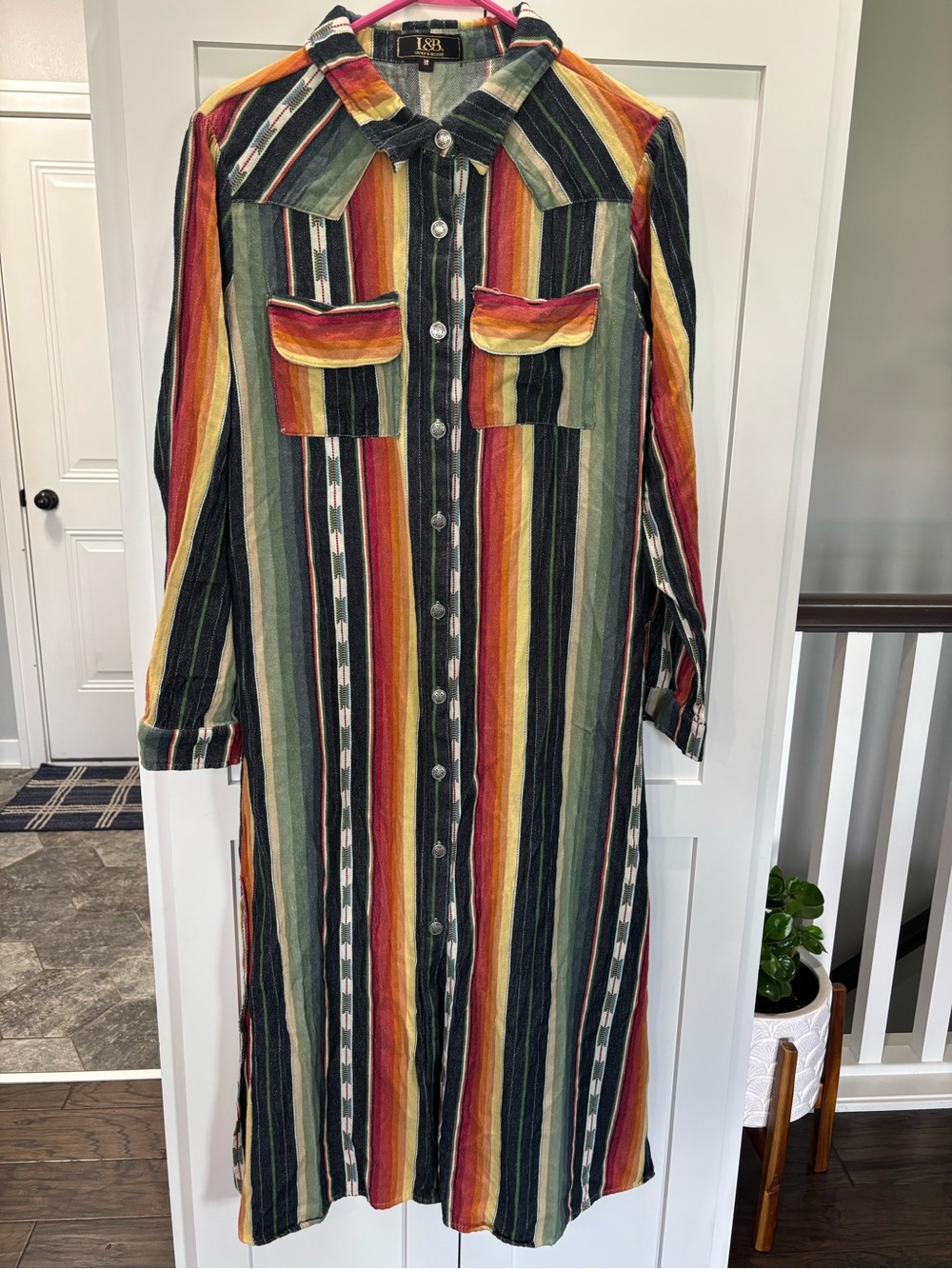 L&B Multicolor Striped Long-Sleeve Button Shirt Dress - Green/Red/Yellow/Black